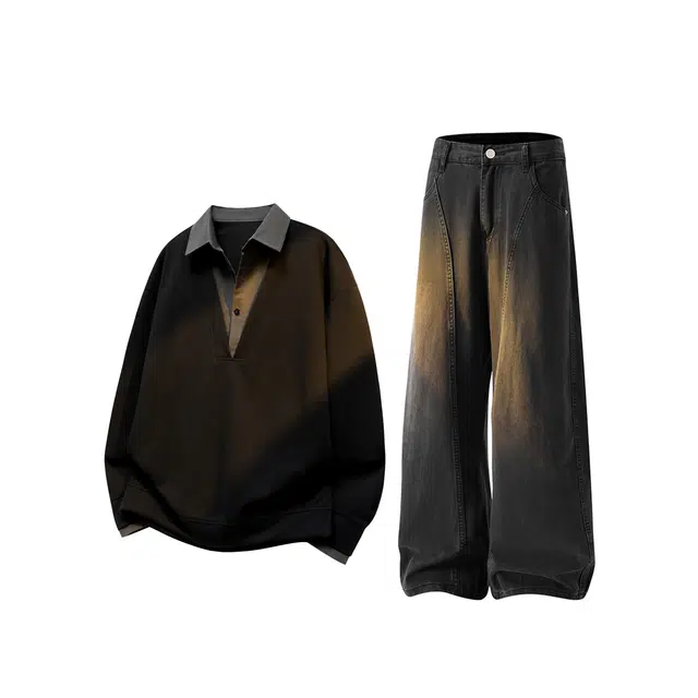 梓润格 美式复古氛围感高级设计假两件无性别主义翻领大码衬衫领老钱风上衣个性潮流休闲长裤潮酷水洗时尚牛仔裤卫衣套装 男女同款