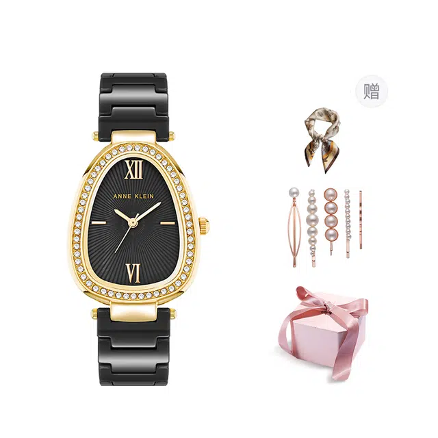 安妮克莱因 腕表 石英机芯 陶瓷合金表带 黑色表盘 女表 小水滴形商务休闲防水小众时尚潮流手表