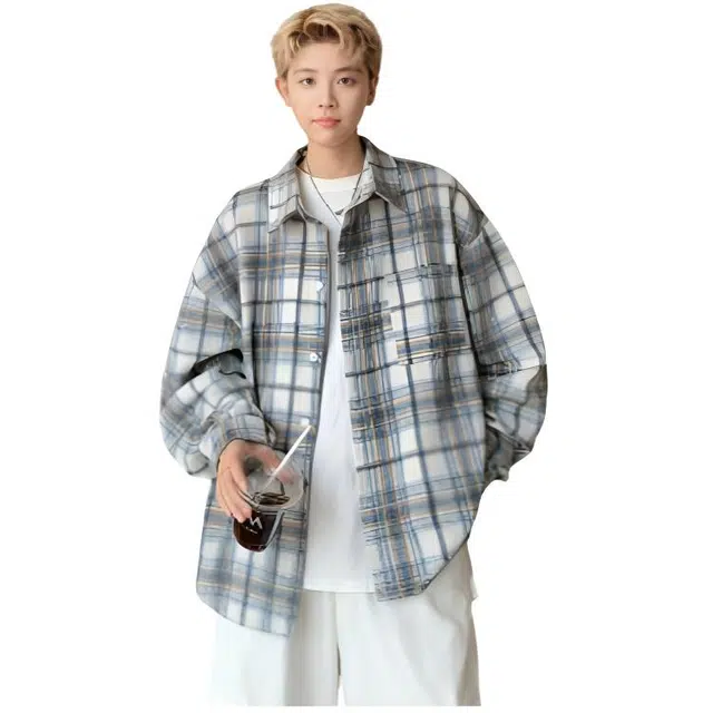 木木兔 美式高街重磅男士长袖外穿冬季休闲秋冬穿搭轻奢潮流百搭衣服冬天国潮宽松衬衫潮牌格子外套夹克 男款