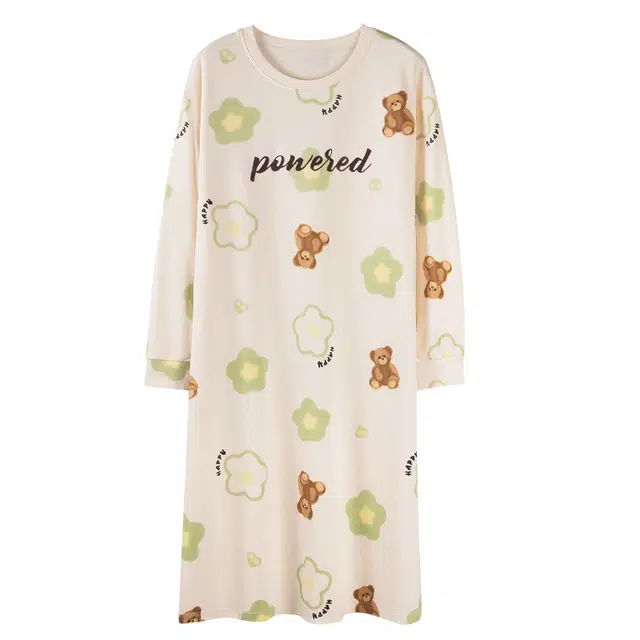 俏霓桐 舒适圆领小熊图案纯棉长袖可爱甜美学生时尚居家睡衣家居服睡裙 女款