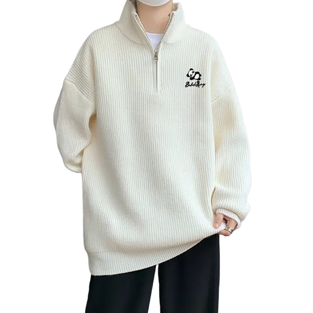 布客行 立领半拉链毛衣慵懒风美式高街纯色开衫打底衫可拆卸熊猫抗起球简约保暖落肩长袖港风宽松大码休闲百搭运动秋冬针织衫 男女同款