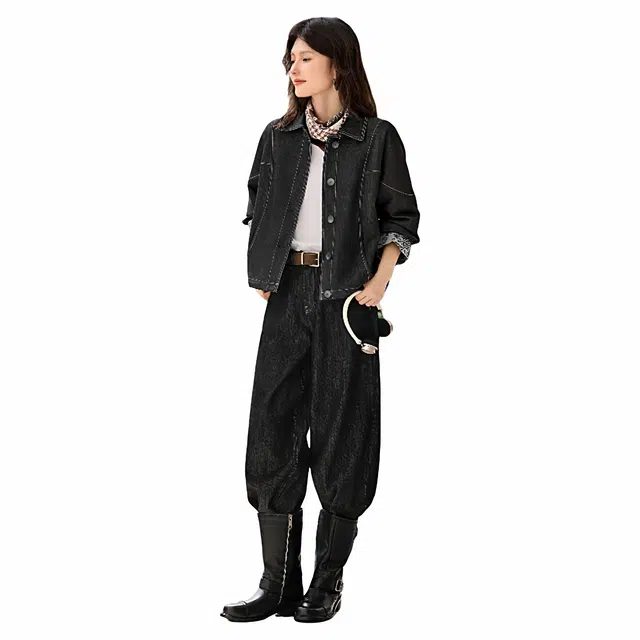 佐塞斯 高端品质轻奢复古仿秋冬明线印花拼接设计感夹克上衣牛仔外套 女款