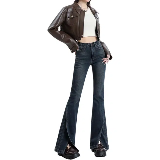 如续 高腰开叉微喇叭女秋冬垂感弹力百搭显瘦马蹄裤子牛仔裤 女款