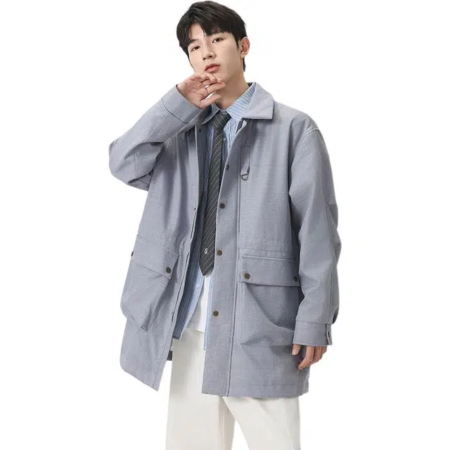 洋气先生 美式复古高街潮牌学院风简约纯色大口袋单排扣拉链设计高级感宽松舒适保暖防风户外通勤无性别主义百搭风衣外套夹克 男女同款