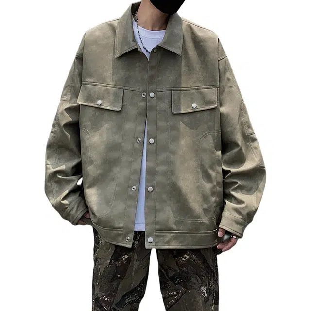 左岸 美式复古高街时尚潮牌百搭扎染印花拉链开衫翻领上衣休闲宽松舒适春秋季防风夹克外套皮衣 男款