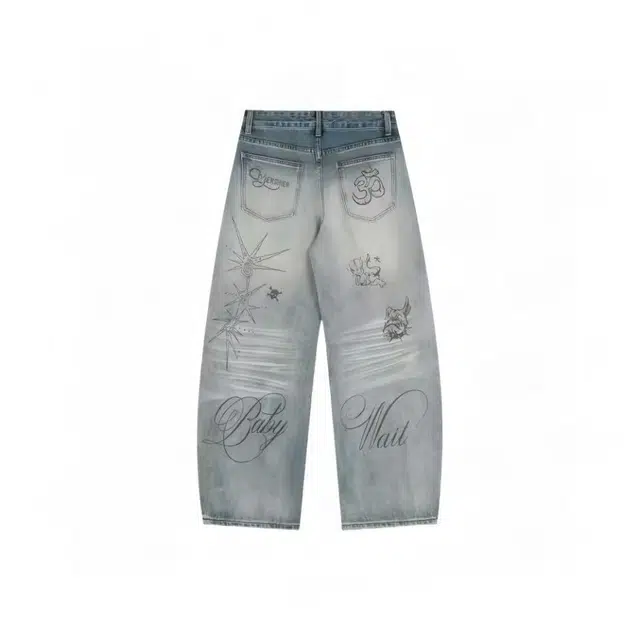 虫小绿 美式复古水洗做旧涂鸦印花设计感阔腿长裤春秋季潮流宽松痞帅休闲百搭直筒牛仔裤 男女同款