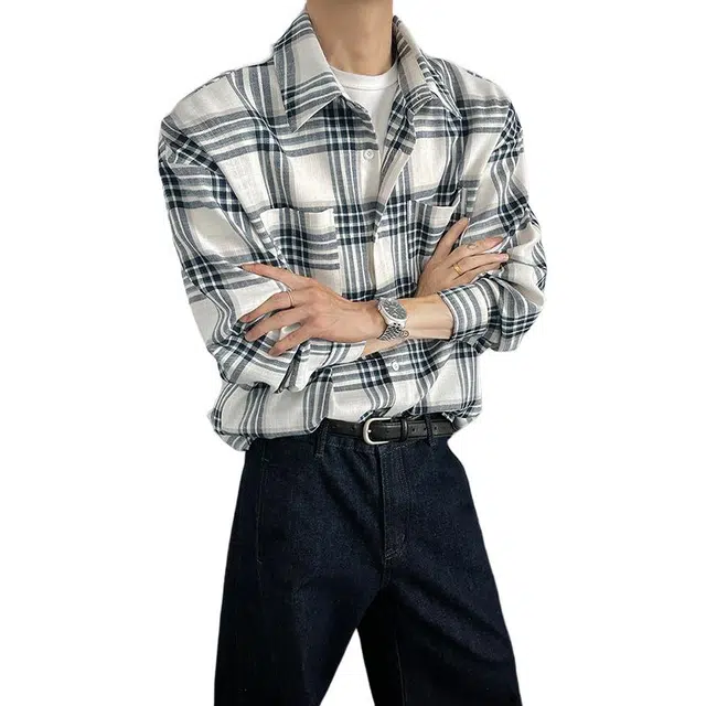 佐菲利 美式潮牌格纹刺绣高街复古休闲内搭衬衣宽松百搭外套衬衫 男女同款