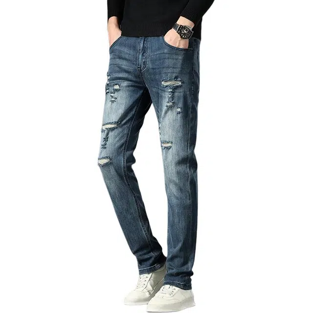 炳盛 春秋季高端破洞男士修身小脚韩版潮流多磨破外穿弹力长裤牛仔裤 男女同款