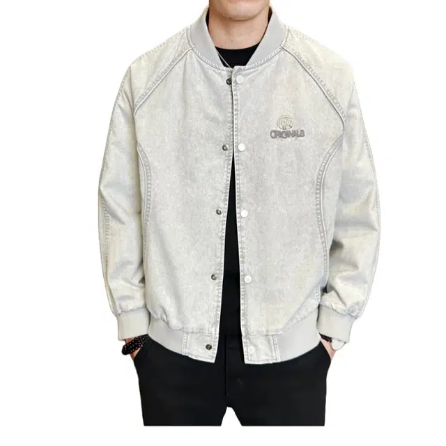 加荣 莱赛尔天丝牛仔衣秋季时尚高端休闲男装潮牌痞帅棒球服男士刺绣字母设计夹克男款宽松百搭上衣男小众慵懒风松弛感外套 男女同款