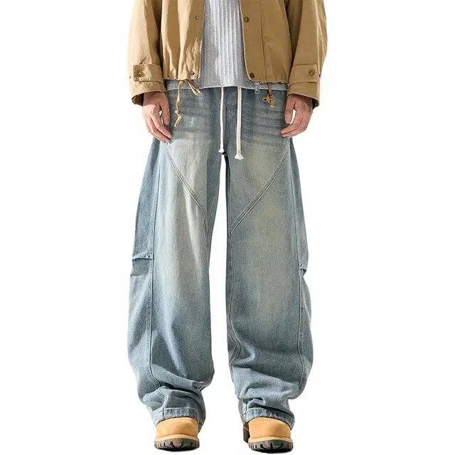 杜克恩 美式水洗做旧弯刀裤秋季高街潮流复古拼接解构宽松阔腿工装牛仔裤 男款