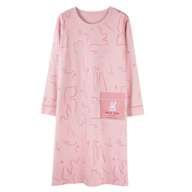 俏霓桐 卡通兔兔舒适圆领长袖可爱甜美学生时尚居家睡衣家居服睡裙 女款