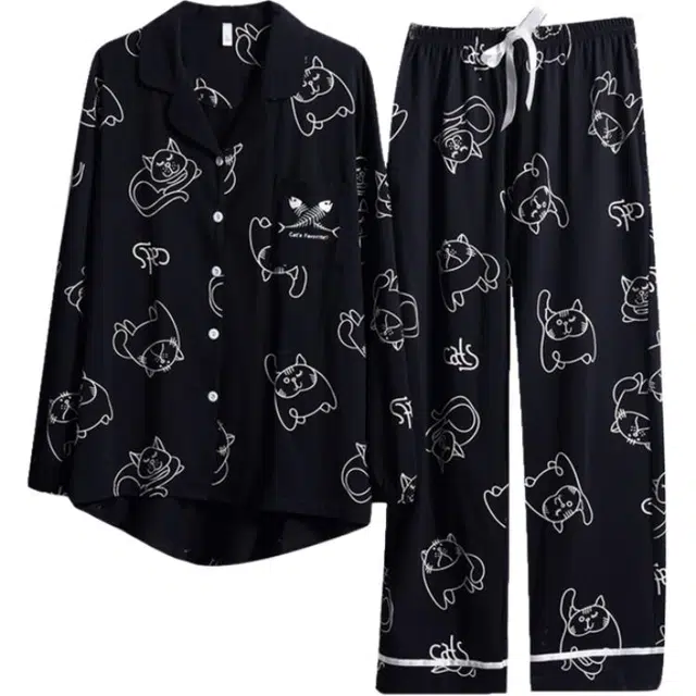 浮光岛屿 简约时尚可爱小猫图案翻领高级感长袖长裤家居服舒适亲肤透气可外穿宽松休闲睡衣套装 女款 礼盒装 黑色
