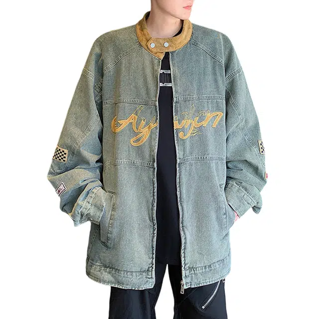 冈哉 解构拼接字母图案刺绣个性设计美式复古水洗做旧高街痞帅时尚百搭日常通勤慵懒休闲牛仔外套 男女同款