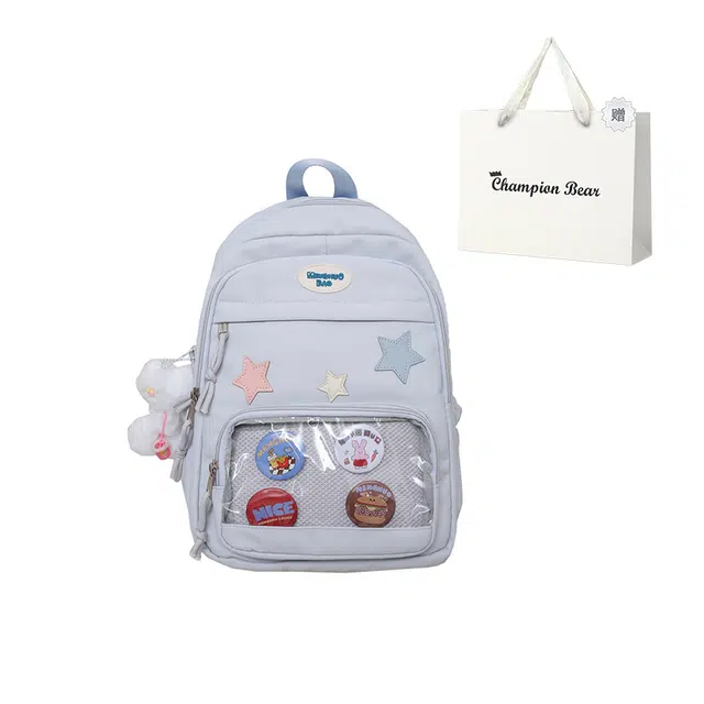 冠军小熊 日系可爱软妹透明大容量百搭学院少女 棉 双肩包 大号 女款 蓝色/卡其色/白色
