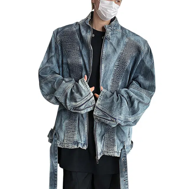 冈哉 褶皱款重工喷漆解构腰带装饰纹理拼接拉链开衫立领设计美式潮流宽松舒适百搭高级复古牛仔外套 男女同款