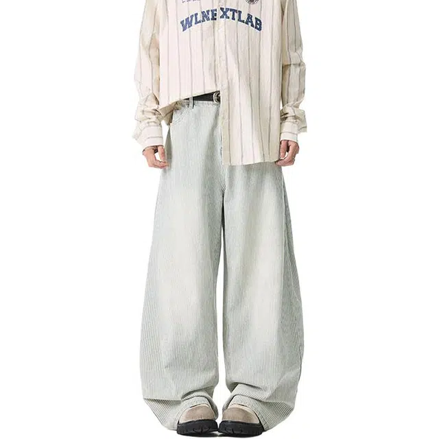 佐菲利 美式复古条纹弯刀潮牌痞帅水洗褶皱阔腿裤子牛仔裤 男女同款