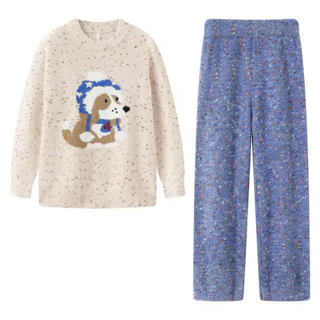 宫蝶 软乎乎半边绒保暖卡通家居服加厚可外穿御寒冬季睡衣套装 女款