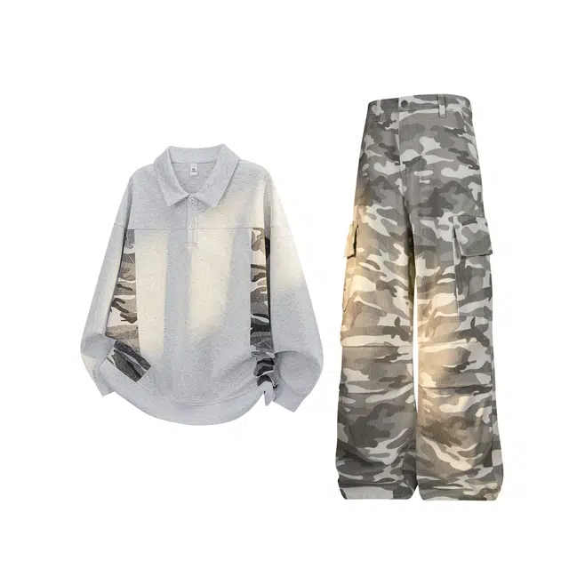 【经典迷彩免搭配一套】布客行 显高显瘦国潮复古高街拼接军事机能柳叶弯刀微喇美式工装长裤子翻领亲肤舒适华棉长袖卫衣套装 男女同款