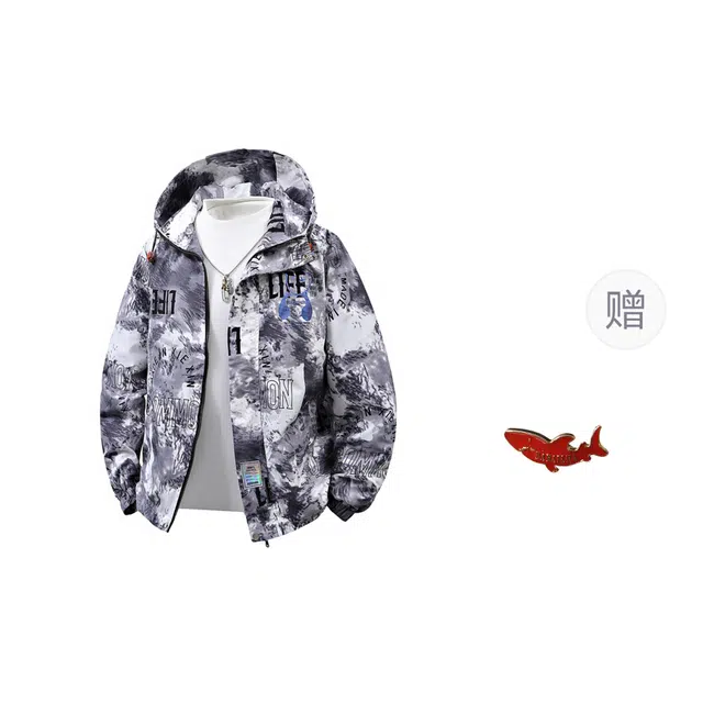大白鲨 品牌轻奢帅气连帽泼墨小熊印花外套原宽松宿港风迷彩休闲工装情侣夹克 男款