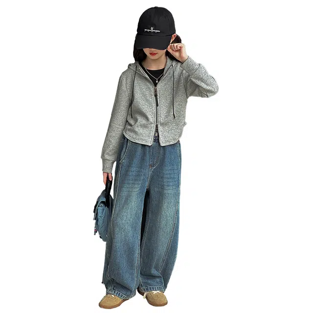 俞兆林休闲运动套装 简约纯色女童帽衫牛仔裤两件套 青少年