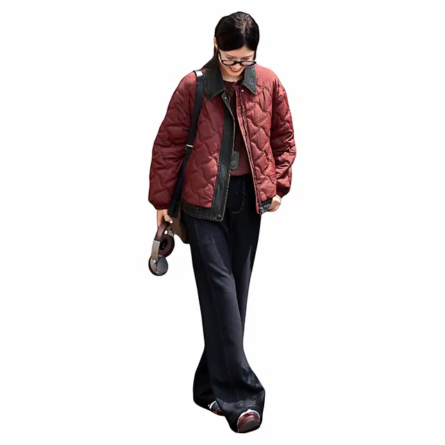 佐塞斯 高端品质轻奢安可拉红牛仔拼接棉衣冬季短款复古假两件设计外套棉服 女款