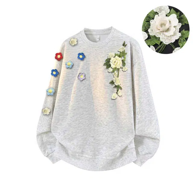 【万针立体刺绣系列】布客行 美式复古植物花卉文艺风纯色基础简约百搭高级感高街潮流休闲舒适学院华棉重磅长袖套头卫衣 男女同款