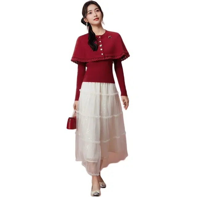 爱依服 法式复古甜美气质斗篷披肩裙装套装 女款