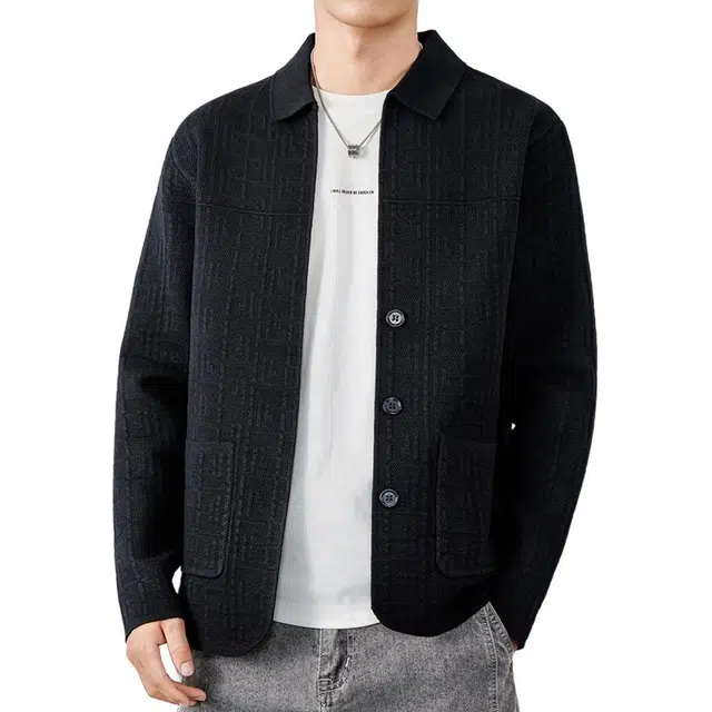 半空山 美式复古老钱风翻领几何提花单排扣休闲百搭宽松舒适针织衫 男款