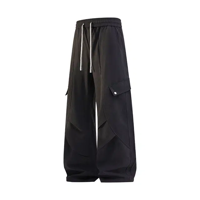 棉基因 美式高街宽松复古纯色多口袋褶皱拼接设计中腰系带直筒垂感舒适时尚潮流百搭休闲裤 男女同款