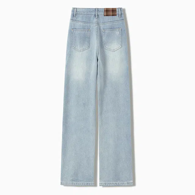 她池 简约风高腰水洗加绒保暖长款直筒牛仔裤 女款