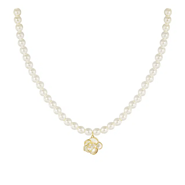 暖瞳 精致优雅山茶花珍珠颈链法式轻奢小众气质锁骨链高级感 玻璃珠 项链 女款