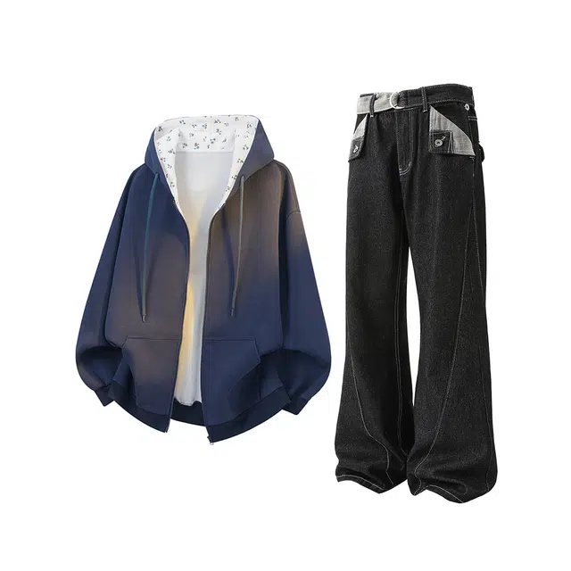 素杭 美式碎花重磅帽衫设计感拼接宽松连帽卫衣搭配格纹微喇显瘦显高牛仔裤两件套潮牌穿搭一整套休闲运动套装 男女同款