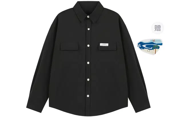 港仔文艺男 日系工装口袋字母小标设计感翻领落肩袖休闲上衣宽松百搭简约长袖衬衫 男女同款