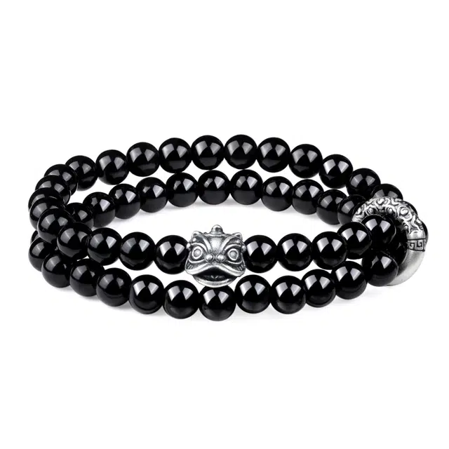 老凤祥 新中式国潮小醒狮手饰 国风复古高级感双层叠戴 小众设计寓意好日常百搭#好运 黑曜石 手串 男女同款情侣款