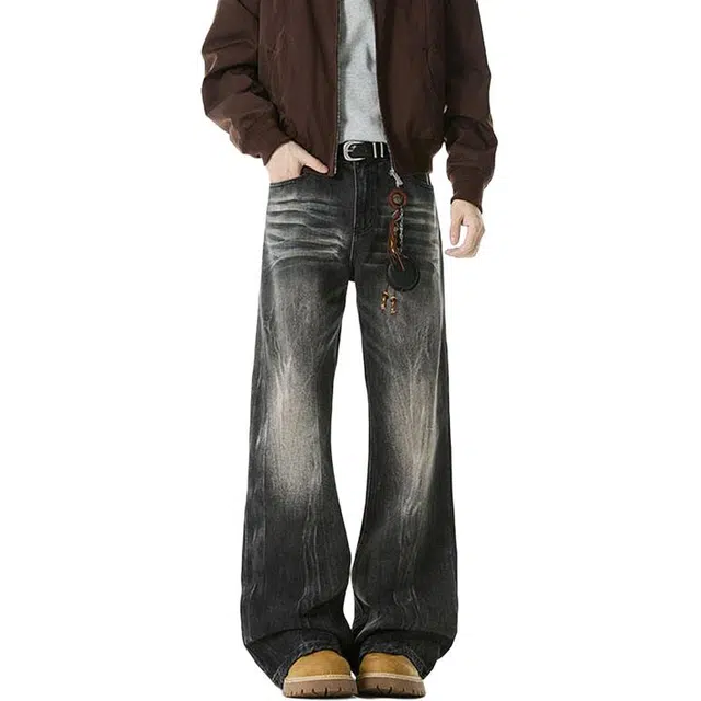 佐菲利 美式高街闪电纹微喇潮牌水洗复古渐变休闲宽松直筒裤牛仔裤 男女同款