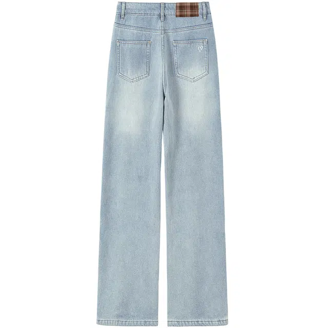 她池 简约风高腰水洗加绒保暖长款直筒牛仔裤 女款