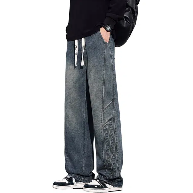 协协乐 高街机能风拼接氛围感男士春秋季美式复古做旧水洗宽松直筒阔腿拖地裤百搭青少年痞帅休闲运动长裤牛仔裤 男款