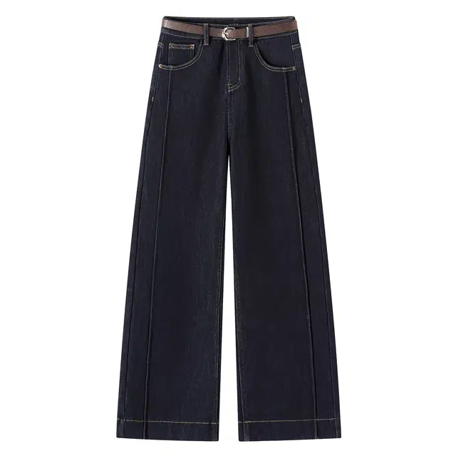 她池 简约纯色高腰水洗加绒垂感长款阔腿牛仔裤 女款