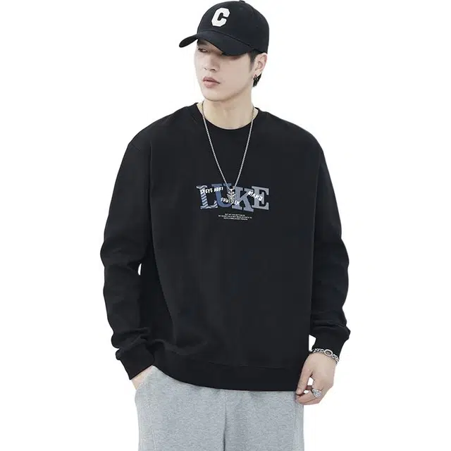 么宁 秋冬季美式潮牌英文印花长袖圆领套头宽松上衣舒适透气简约百搭内搭打底衫运动休闲卫衣 男女同款