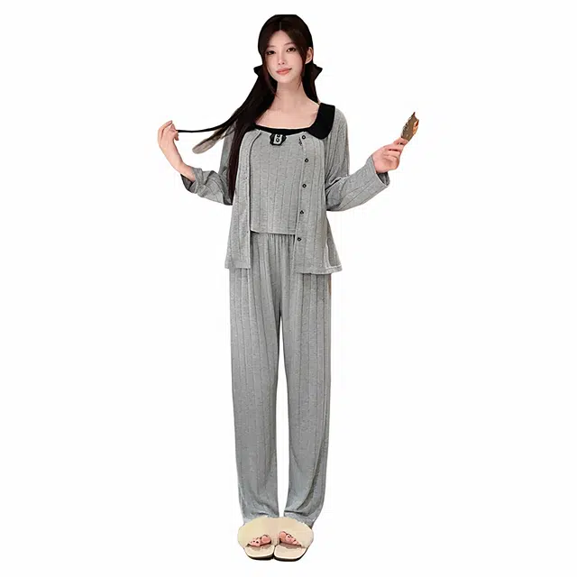 潞优野 轻奢高端品质高级感秋冬羊绒棉吊带长袖三件套带胸垫显瘦甜美家居服春秋睡衣套装 女款