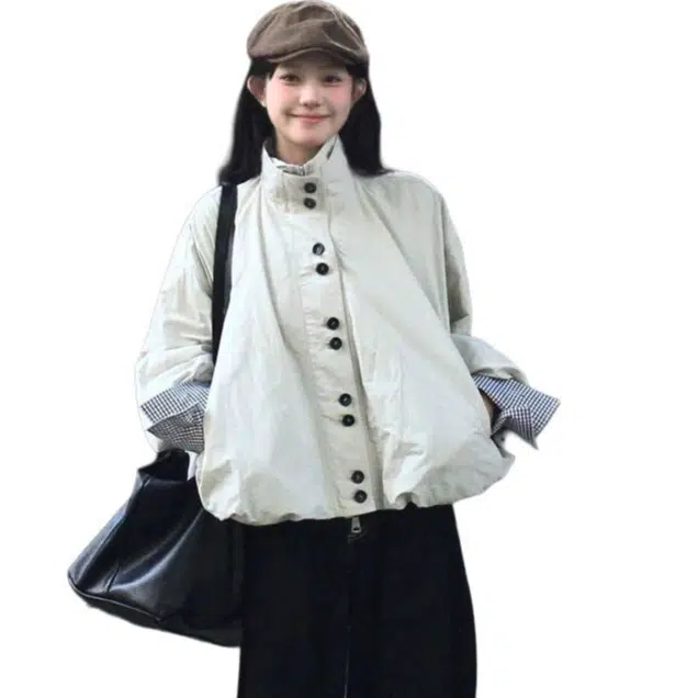 兰缪 纯色宽松适中立领长袖夹克外套 女款