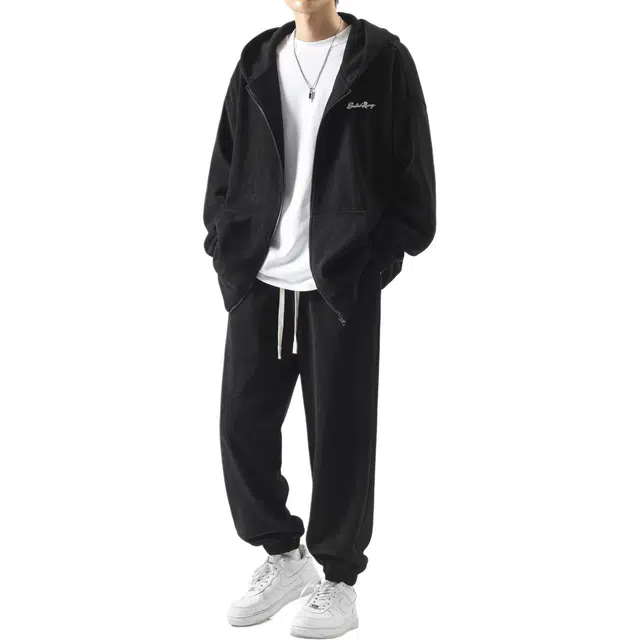 【早秋连帽卫衣外套长裤两件装】布客行 品牌纯色基础款宽松舒适百搭垂感搭配帅气抽绳松紧腰口垂顺束脚裤休闲运动套装 男女同款