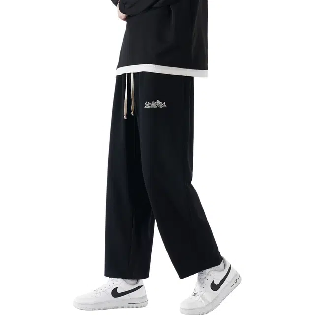 【冰丝凉感仿棉斜纹设计】赫赫良衣 美式复古痞帅高街风系带直筒基础款裤子时尚潮流百搭宽松舒适小众高级感学院风韩系潮牌休闲裤 男女同款