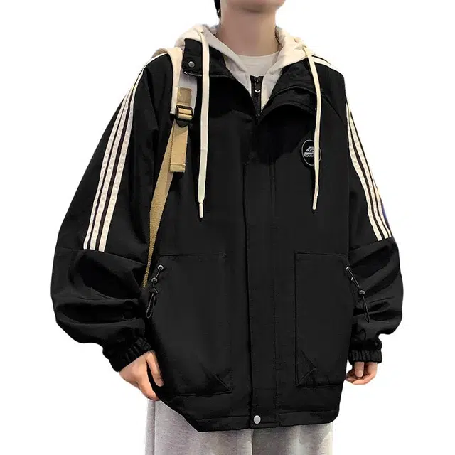 洋气先生 美式潮流假两件山系户外撞色拼接侧边条纹胸前徽章连帽拉链设计长袖休闲舒适保暖防风日常通勤无性别主义百搭外套夹克 男女同款