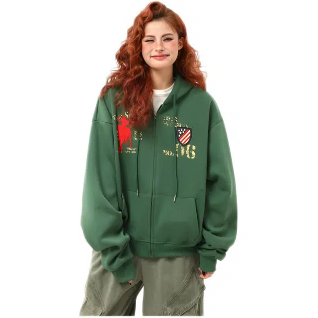 木木兔 潮流时尚秋季外套  情侣装 宽松美式复古字母连帽开衫卫衣 女款