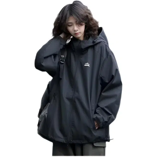 木木兔 潮流时尚秋季外套 情侣装 大码  简约百搭防水潮牌宽松连帽工装户外防风登山服夹克 男女同款