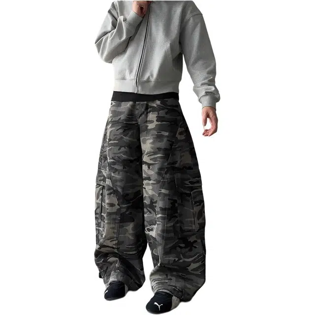 如续 美式复古风高街小众设计感阔腿工装风弯刀长裤潮流廓形拼接牛仔裤 男女同款