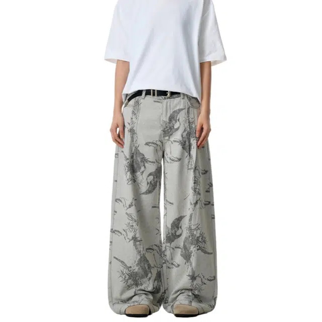 加荣 美式提花牛仔裤男秋季潮牌宽松直筒阔腿裤男款小众设计感工装裤男复古显瘦垂感拖地裤男士慵懒风微喇裤男装休闲百搭长裤 男女同款