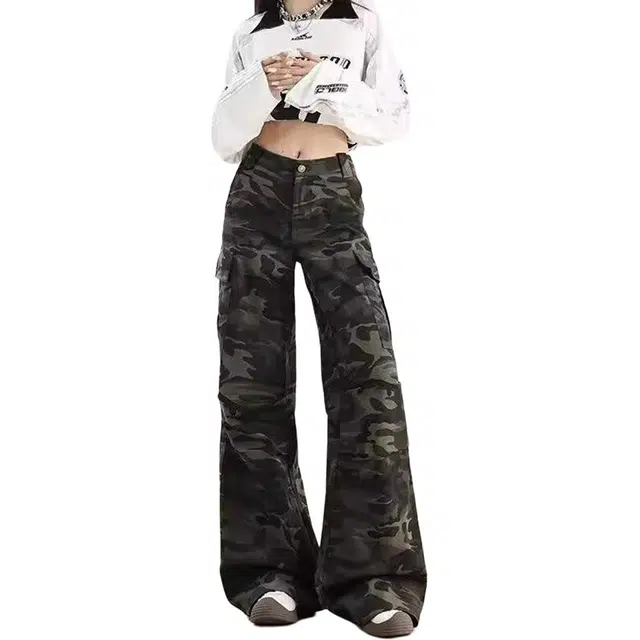 如续 美式高街微喇迷彩工装宽松复古潮牌高腰阔腿直筒牛仔裤 女款