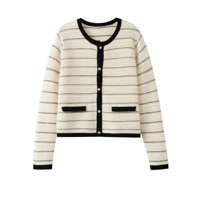 柳絮自制 时尚简约舒适通勤条纹拼色开衫毛衣 女款